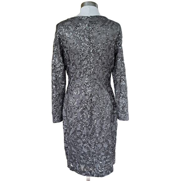 NEW Lauren RALPH LAUREN Gray Sequin Cocktail Dress Size 14 Long Sleeve Sheath - Picture 2 of 9